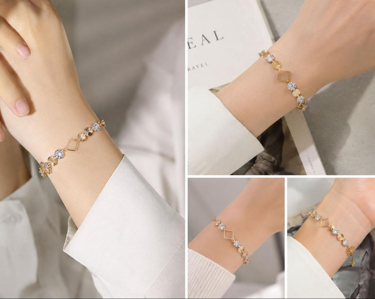 AuraanJewels Celestia Crystal Geometric Bracelet – Premium Gold-Tone Adjustable Bracelet for Women