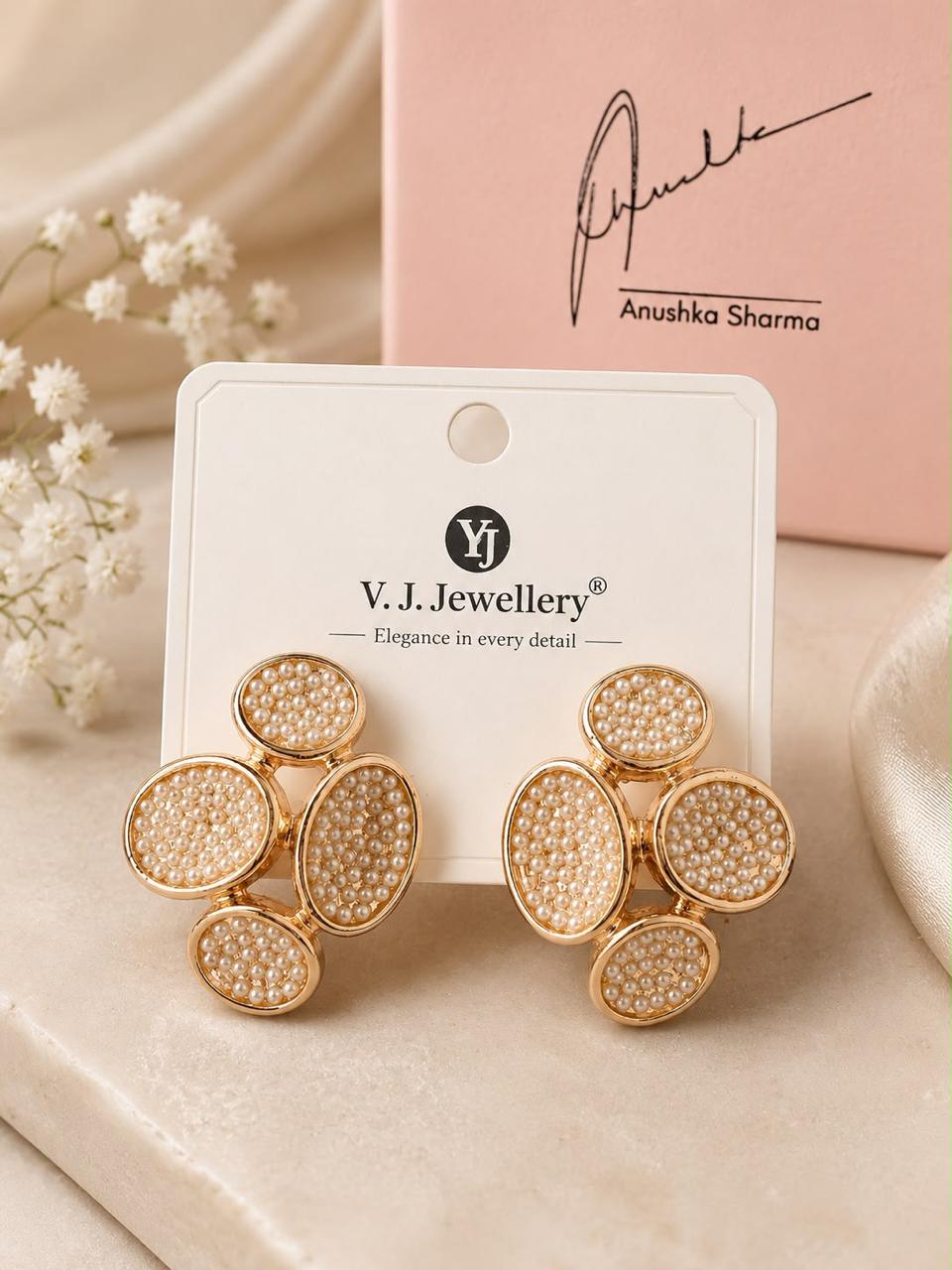 Auraa Jewel Pearl Blossom Statement Earrings – Premium Gold-Tone Pearl Cluster Earrings for Women