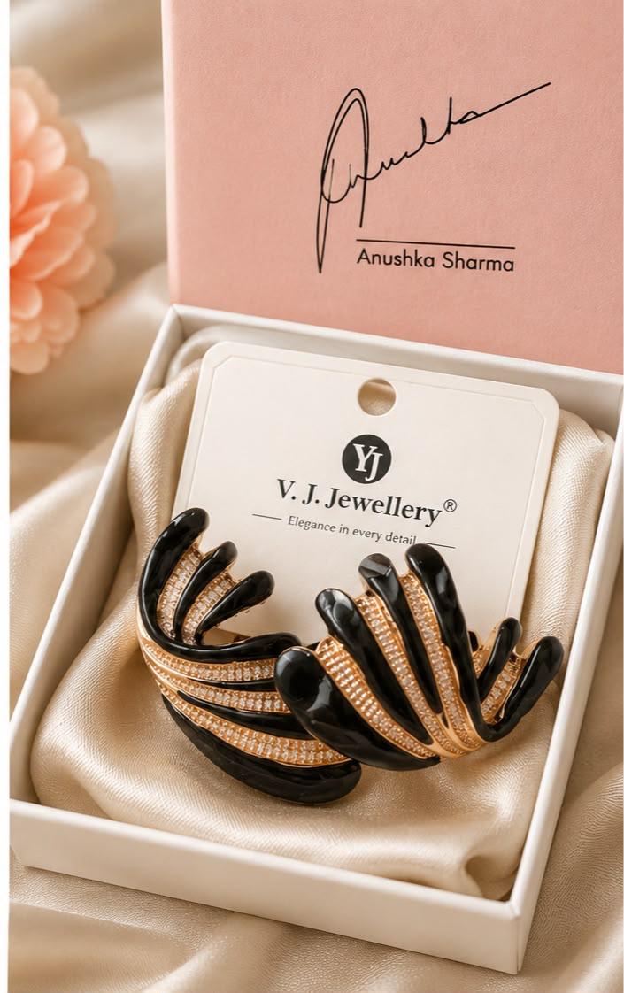 Auraa Jewel Noir Feather Luxe Statement Earrings – Premium Black & Gold Designer Earrings for Women