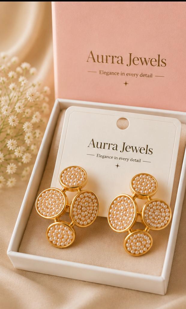 Auraa Jewel Royale Pearl Medallion Statement Earrings – Luxury Gold-Tone Pearl Earrings for Women