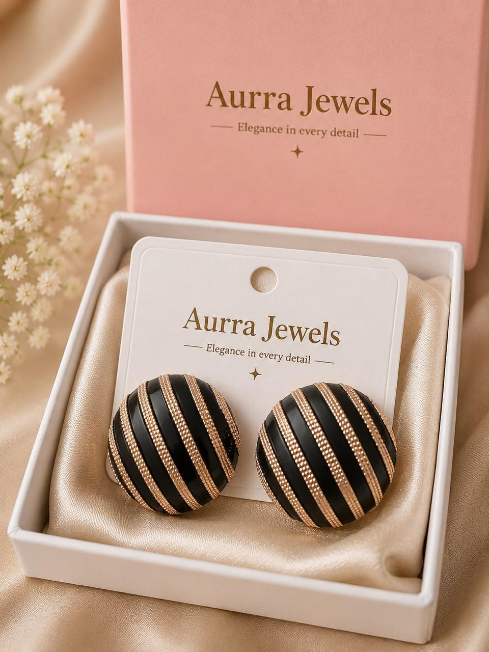 Auraa Jewel Noir Étoile Dome Earrings – Luxury Black & Gold Statement Stud Earrings for Women