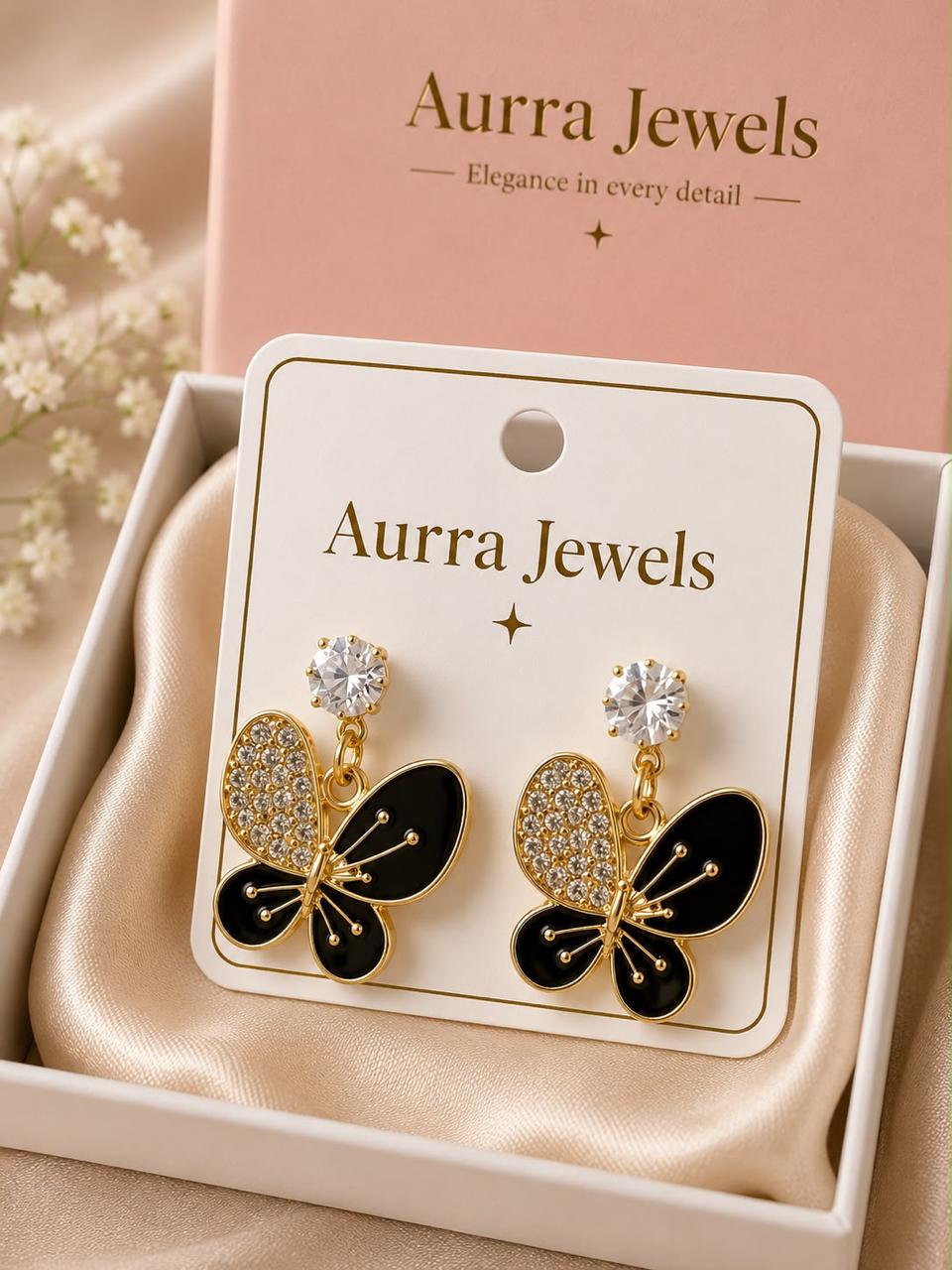 Auraa Jewel Noir Papillon Crystal Drop Earrings – Luxury Black Butterfly Statement Earrings for Women