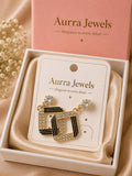 Auraa Jewel Monaco Crystal Link Earrings – Luxury Black & Gold Geometric Statement Earrings for Women