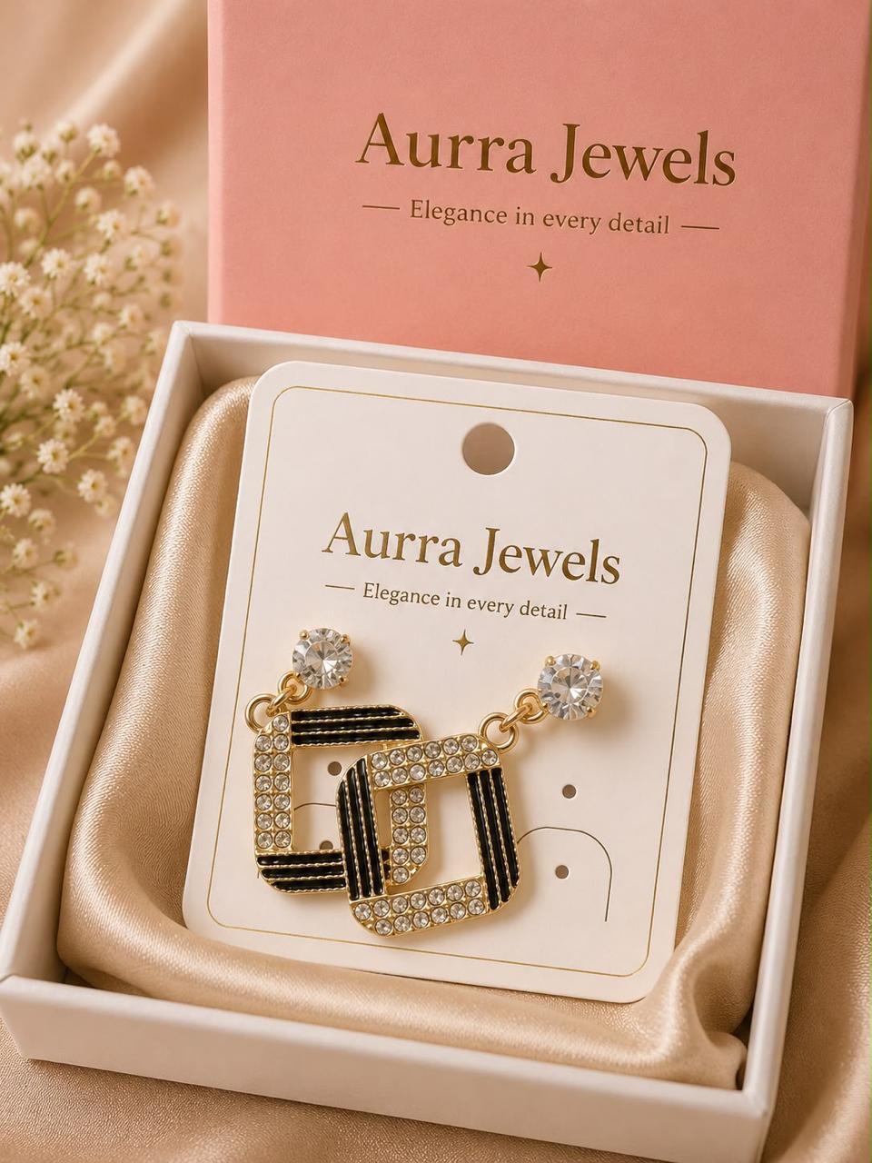 Auraa Jewel Monaco Crystal Link Earrings – Luxury Black & Gold Geometric Statement Earrings for Women
