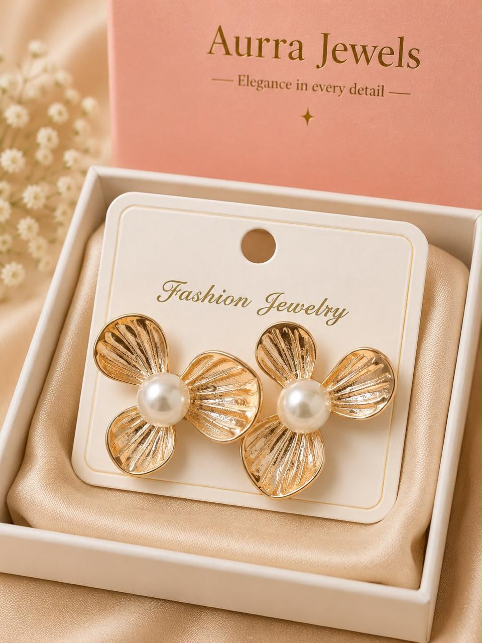 Auraa Jewel Fleur de Perle Earrings – Luxury Gold Floral Pearl Statement Earrings for Women