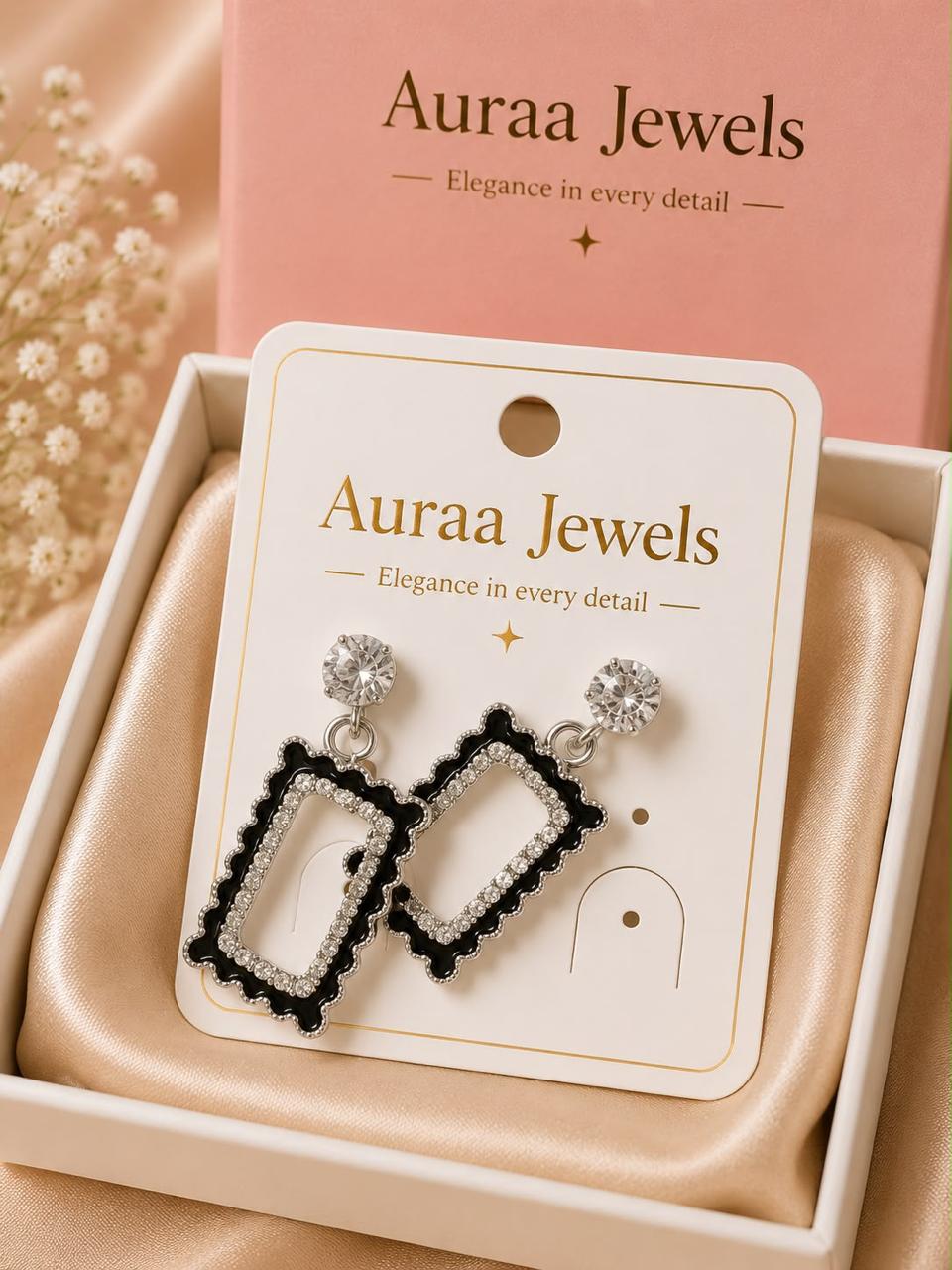 Auraa Jewel Éclat Noir Crystal Frame Earrings – Luxury Black Statement Earrings for Women