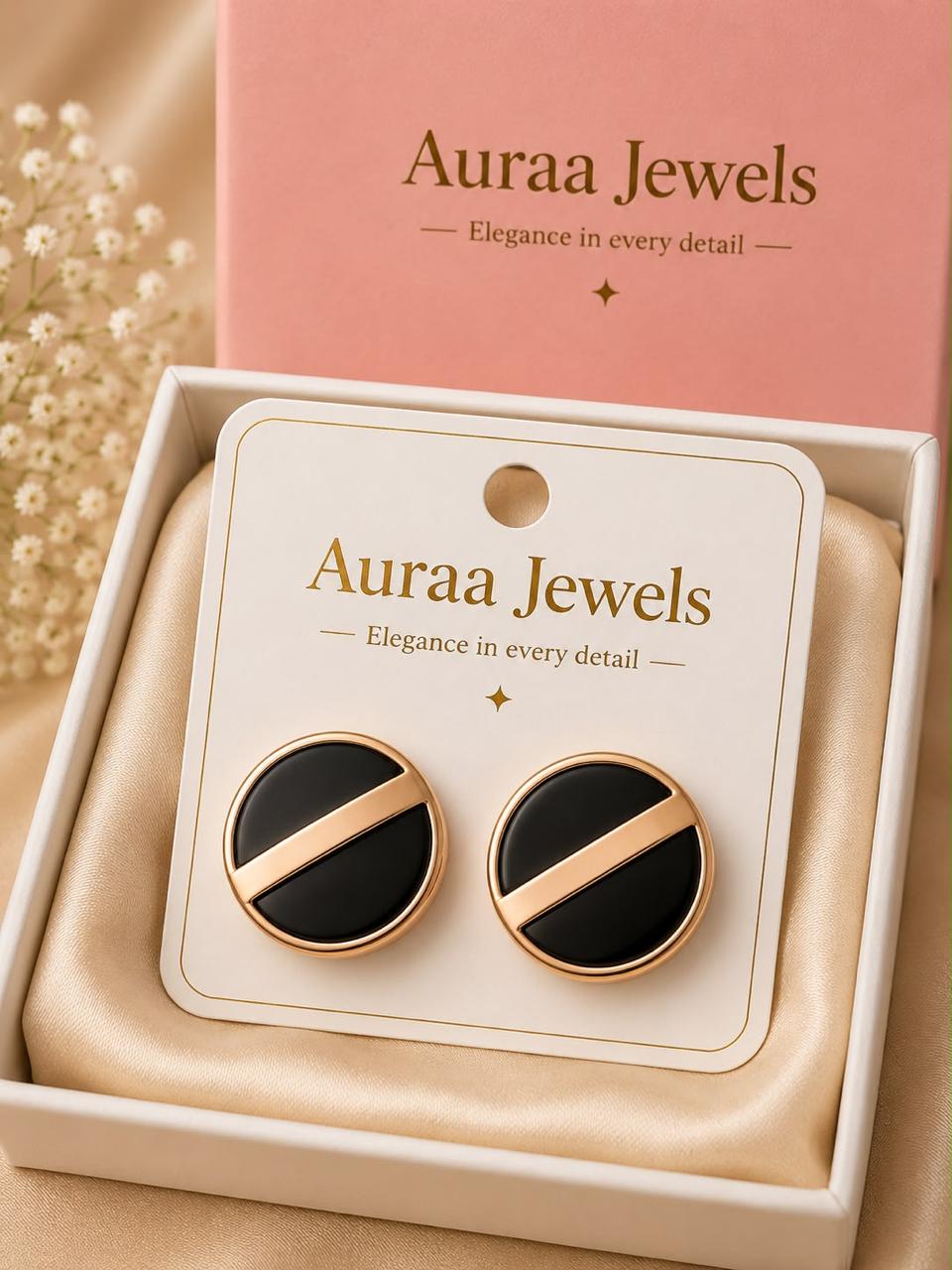 Auraa Jewel Noir Eclipse Stud Earrings – Luxury Black & Gold Minimal Statement Earrings for Women