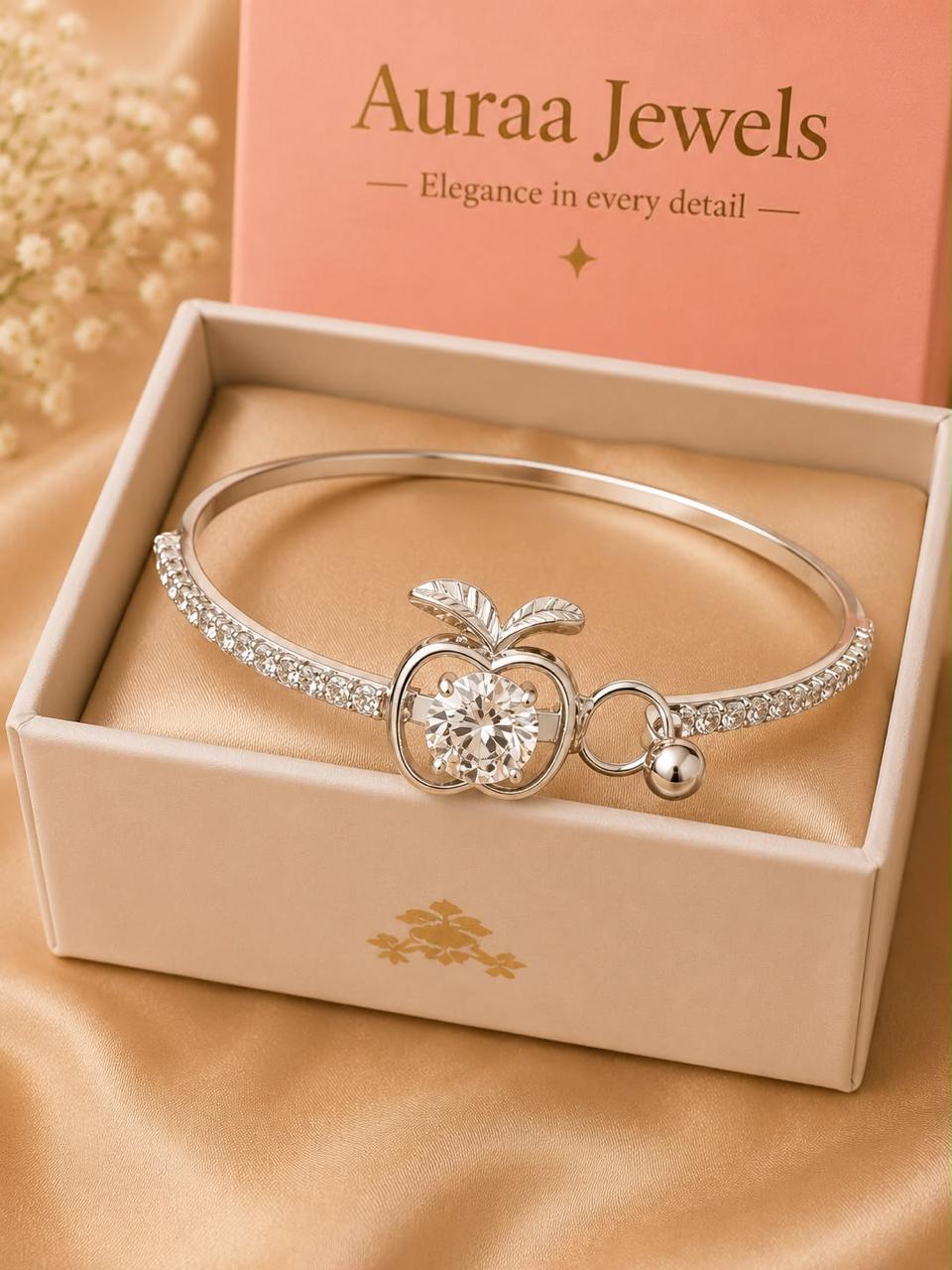 Auraa Jewels Crystal Apple Charm Bracelet – Premium Silver Finish