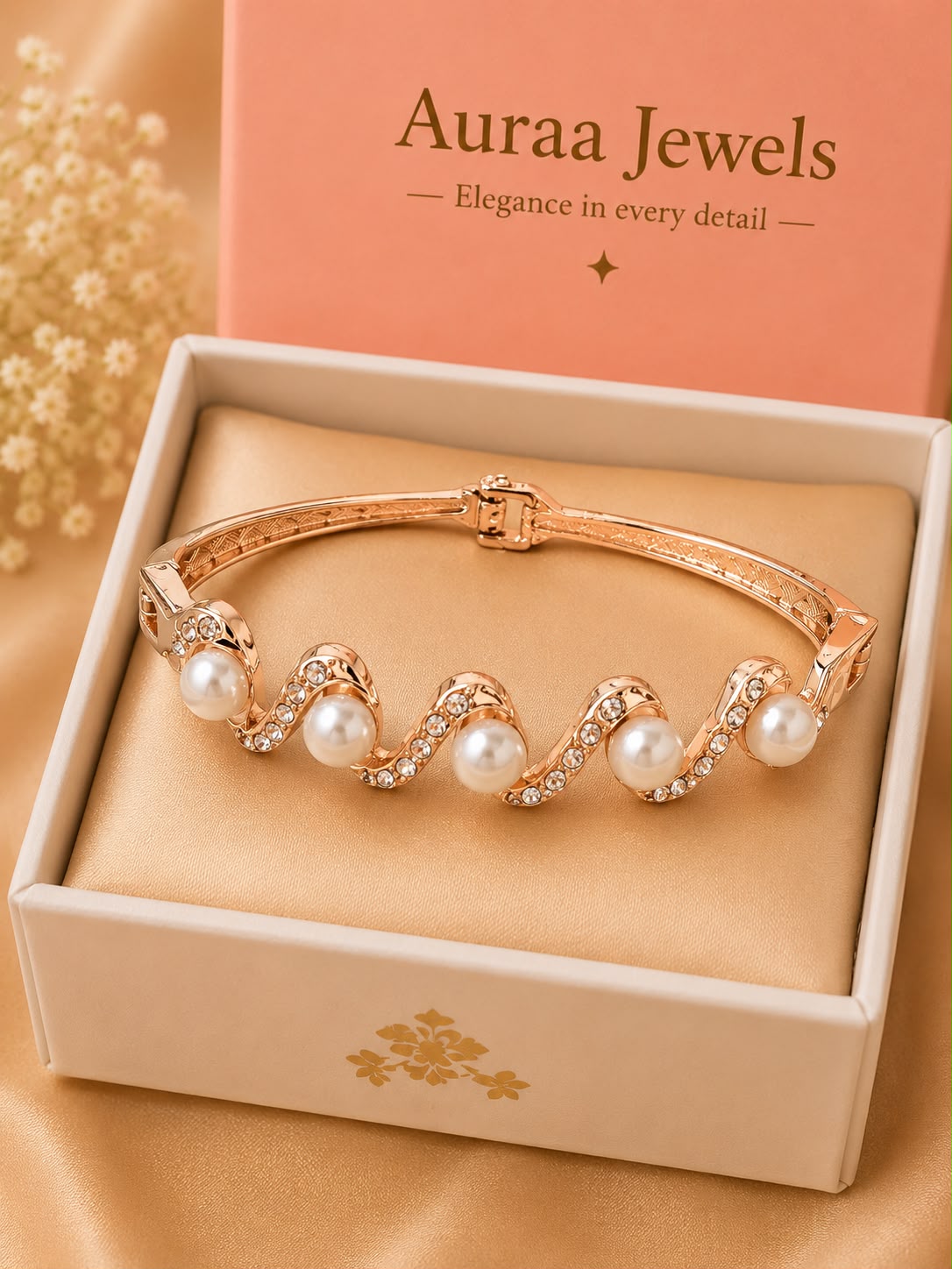 Auraa Jewels Pearl Wave Crystal Bracelet – Rose Gold Edition